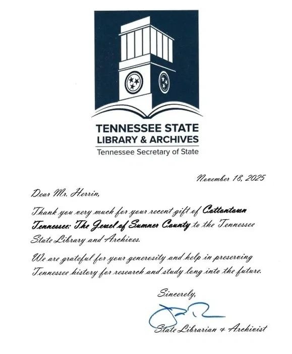 Tennessee State Library and Archives thank-you letter for donation of Cottontown Tennessee book